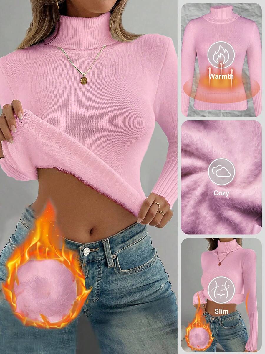Rib Knit Turtleneck Sweater Long Sleeve Slim Fit - Baby Pink - photo 8