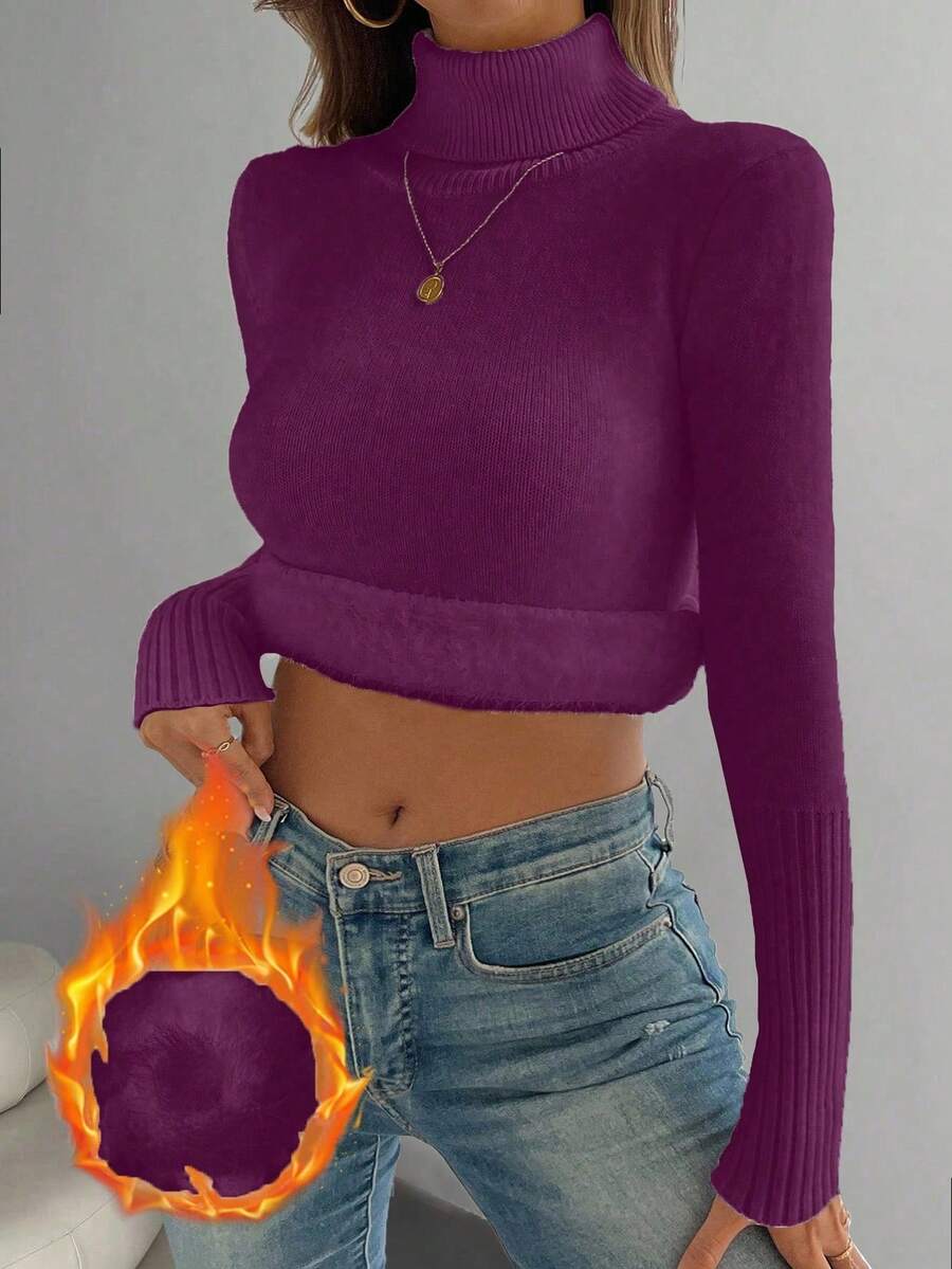 Fleece Lined Turtleneck Sweater Rib Knit Long Sleeve - Purple - photo 4
