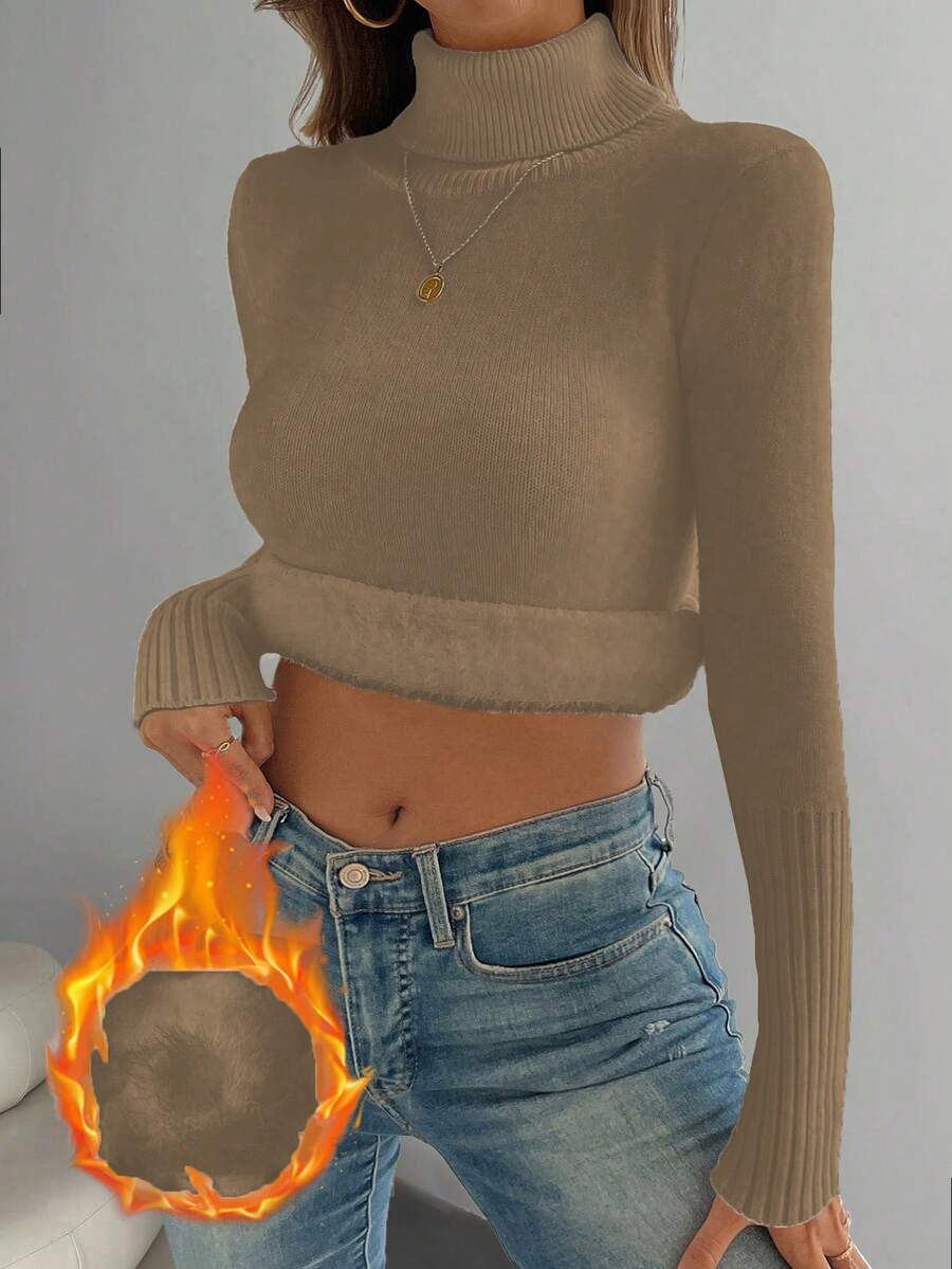 Fleece Lined Turtleneck Sweater Rib Knit Long Sleeve - Tan - photo 7