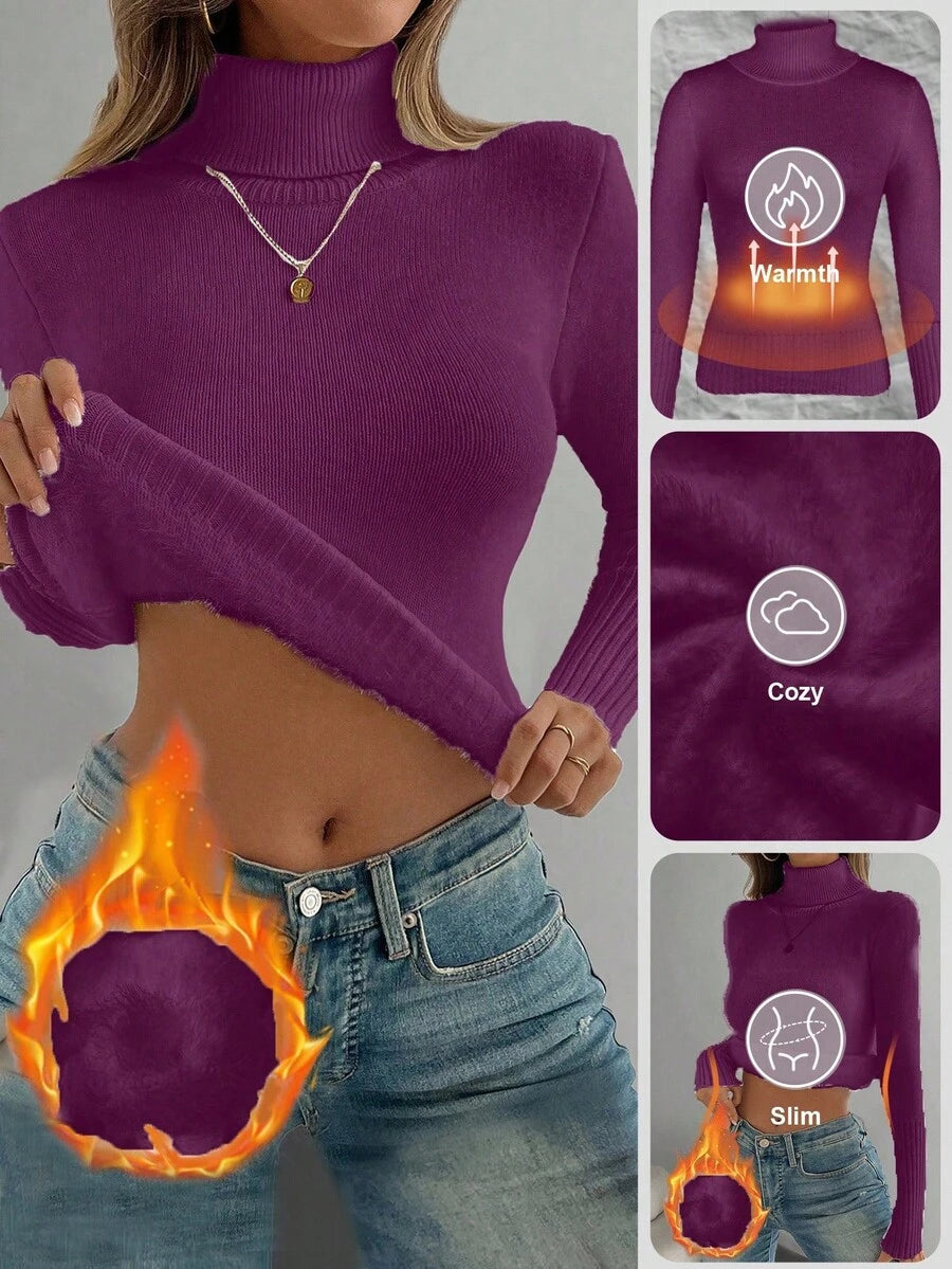 Fleece Lined Turtleneck Sweater Rib Knit Long Sleeve - Purple - photo 5