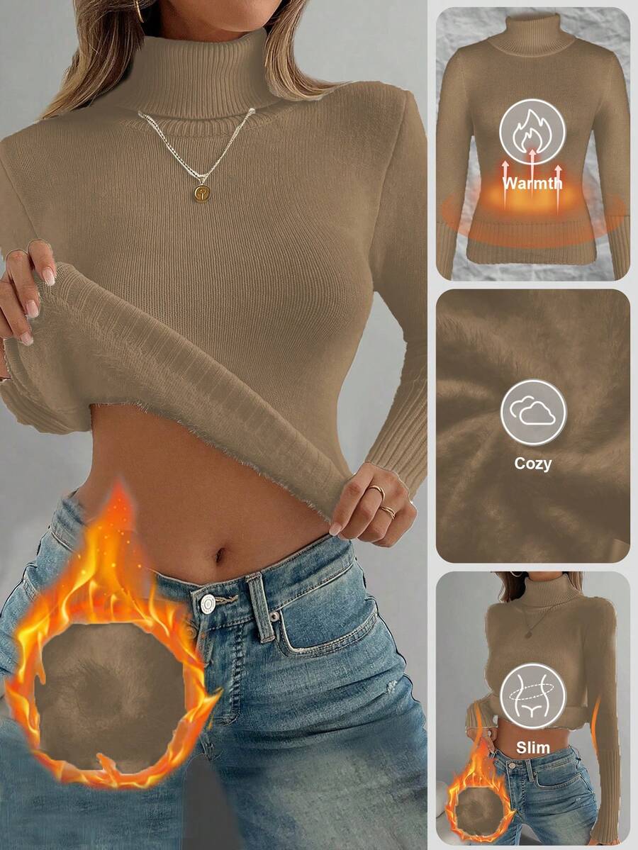 Fleece Lined Turtleneck Sweater Rib Knit Long Sleeve - Tan - photo 8