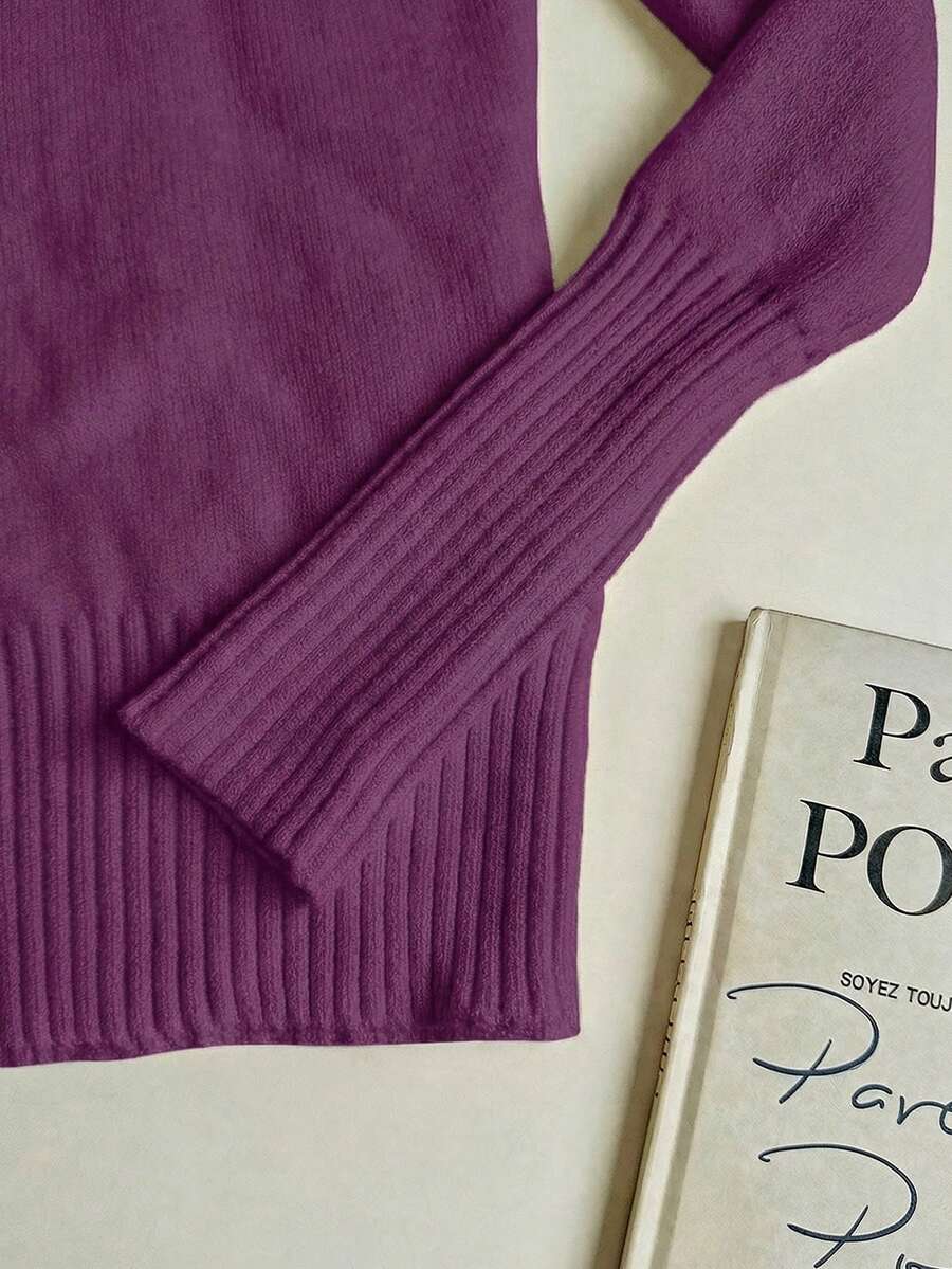 Fleece Lined Turtleneck Sweater Rib Knit Long Sleeve - Purple - photo 6