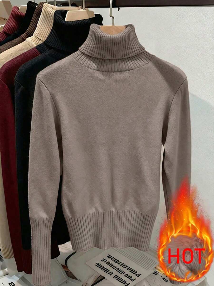 Fleece Lined Turtleneck Sweater Rib Knit Long Sleeve - Dusty Pink - photo 2