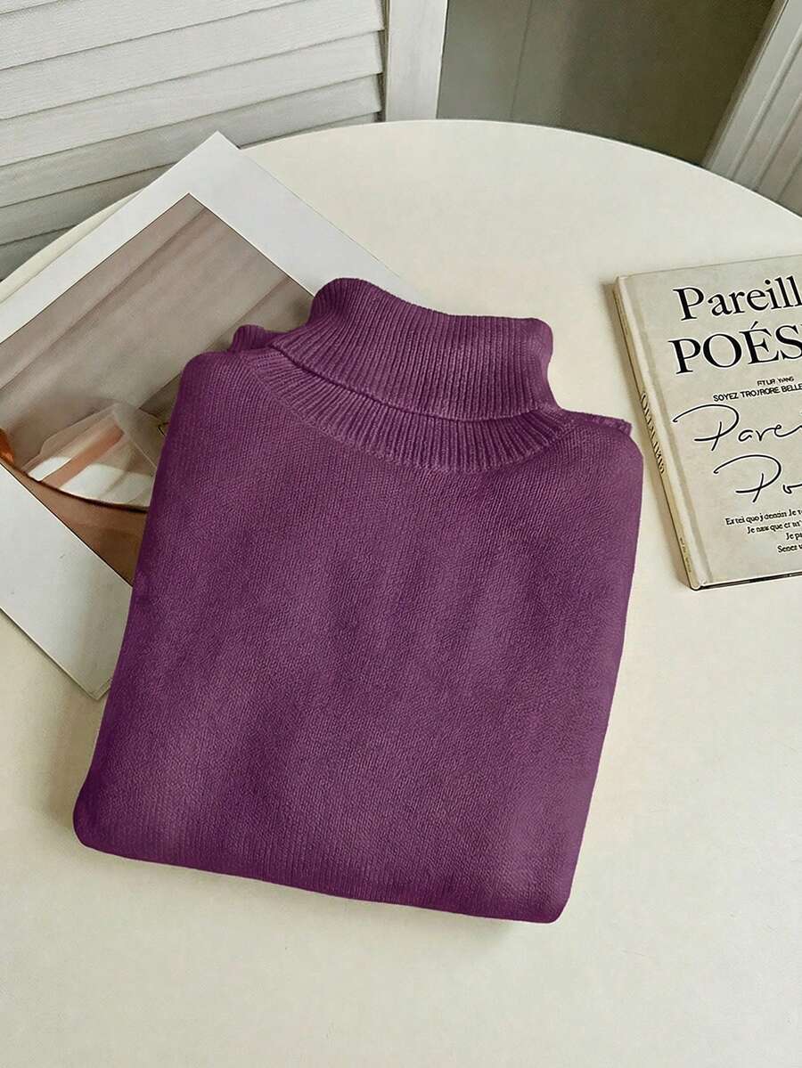 Fleece Lined Turtleneck Sweater Rib Knit Long Sleeve - Purple - photo 7