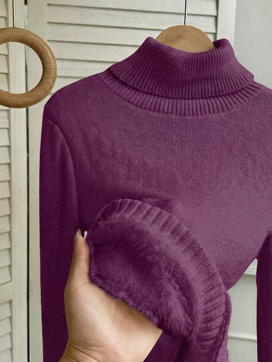Fleece Lined Turtleneck Sweater Rib Knit Long Sleeve - Purple - photo 8