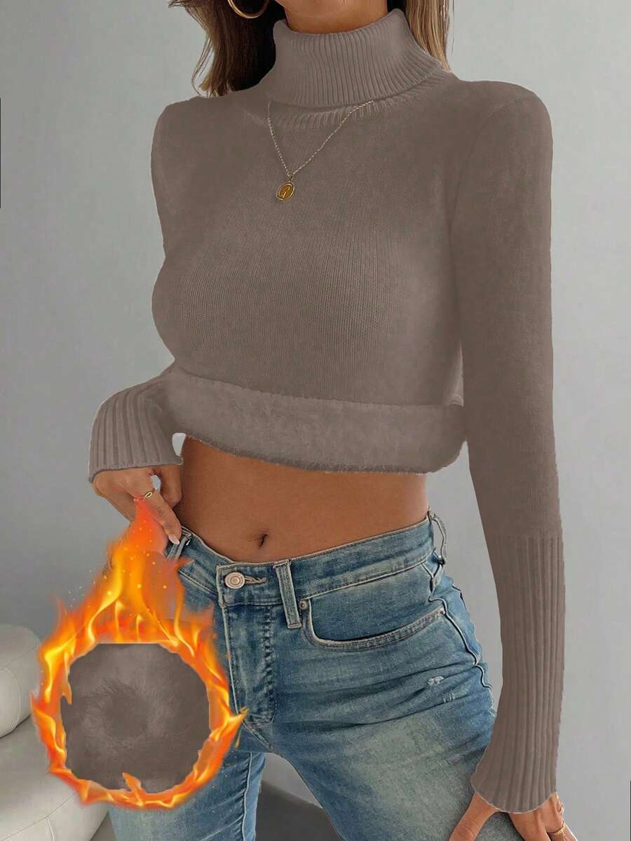 Fleece Lined Turtleneck Sweater Rib Knit Long Sleeve - Dusty Pink - photo 3