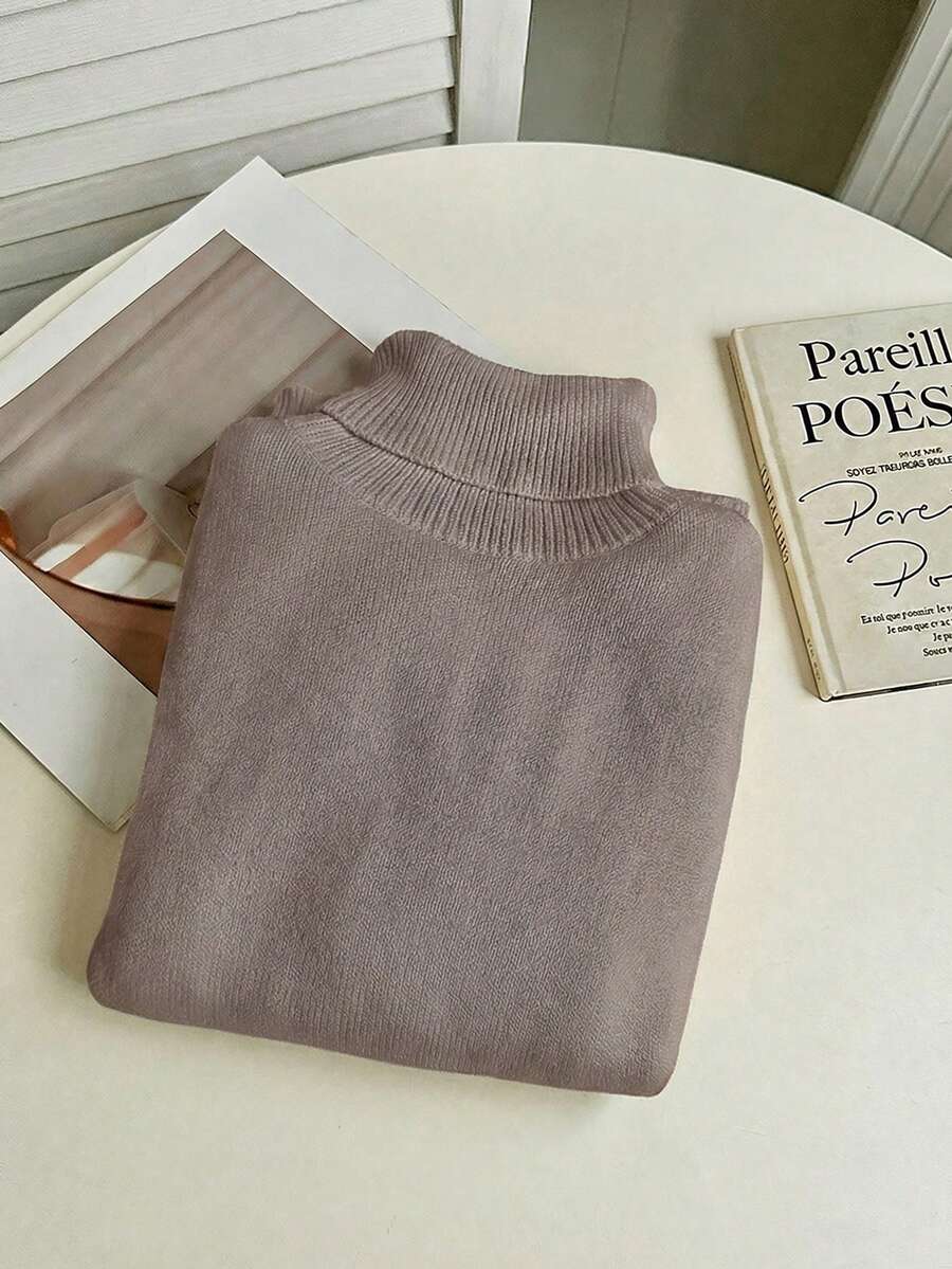 Fleece Lined Turtleneck Sweater Rib Knit Long Sleeve - Dusty Pink - photo 5