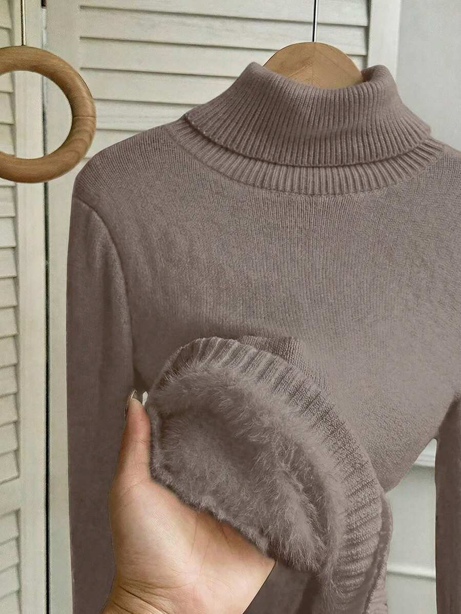 Fleece Lined Turtleneck Sweater Rib Knit Long Sleeve - Dusty Pink - photo 7