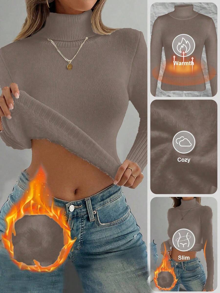 Fleece Lined Turtleneck Sweater Rib Knit Long Sleeve - Dusty Pink - photo 8