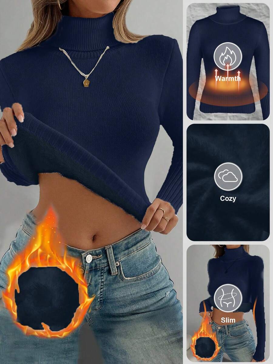 Rib Knit Turtleneck Sweater Long Sleeve Slim Fit - Navy Blue - photo 7