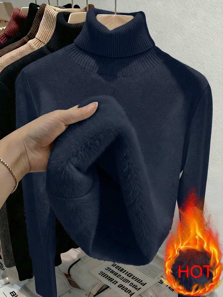 Rib Knit Turtleneck Sweater Long Sleeve Slim Fit - Navy