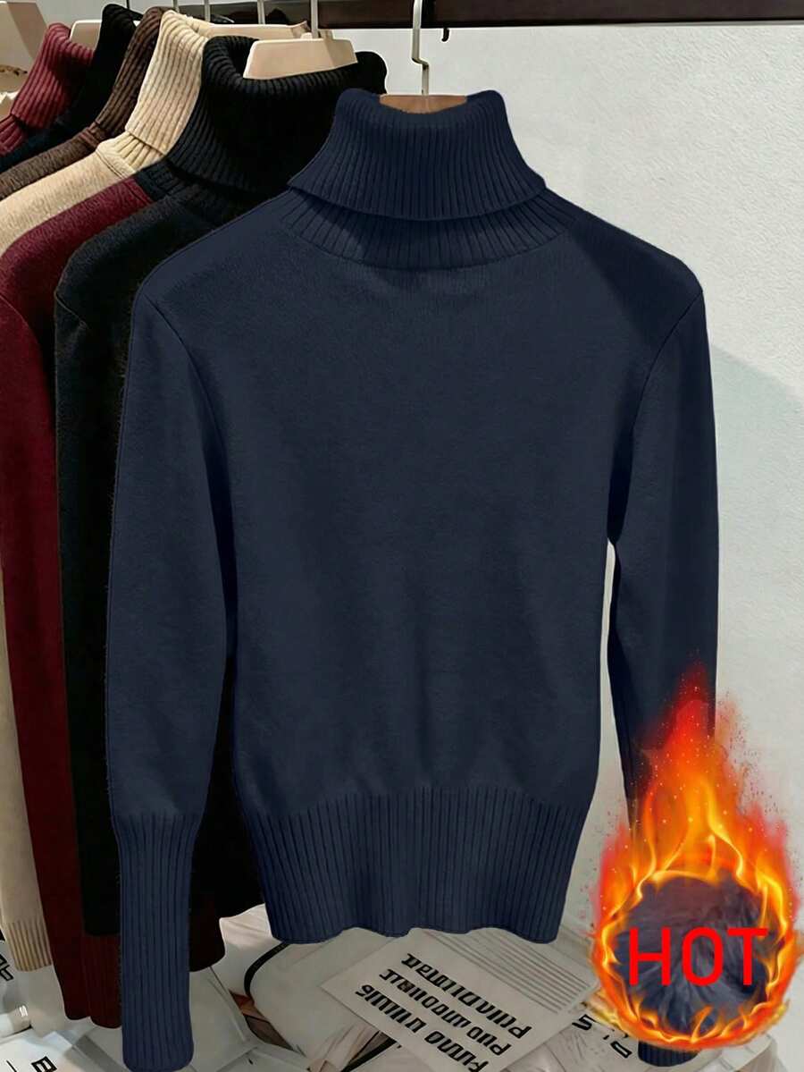 Rib Knit Turtleneck Sweater Long Sleeve Slim Fit - Navy - photo 2