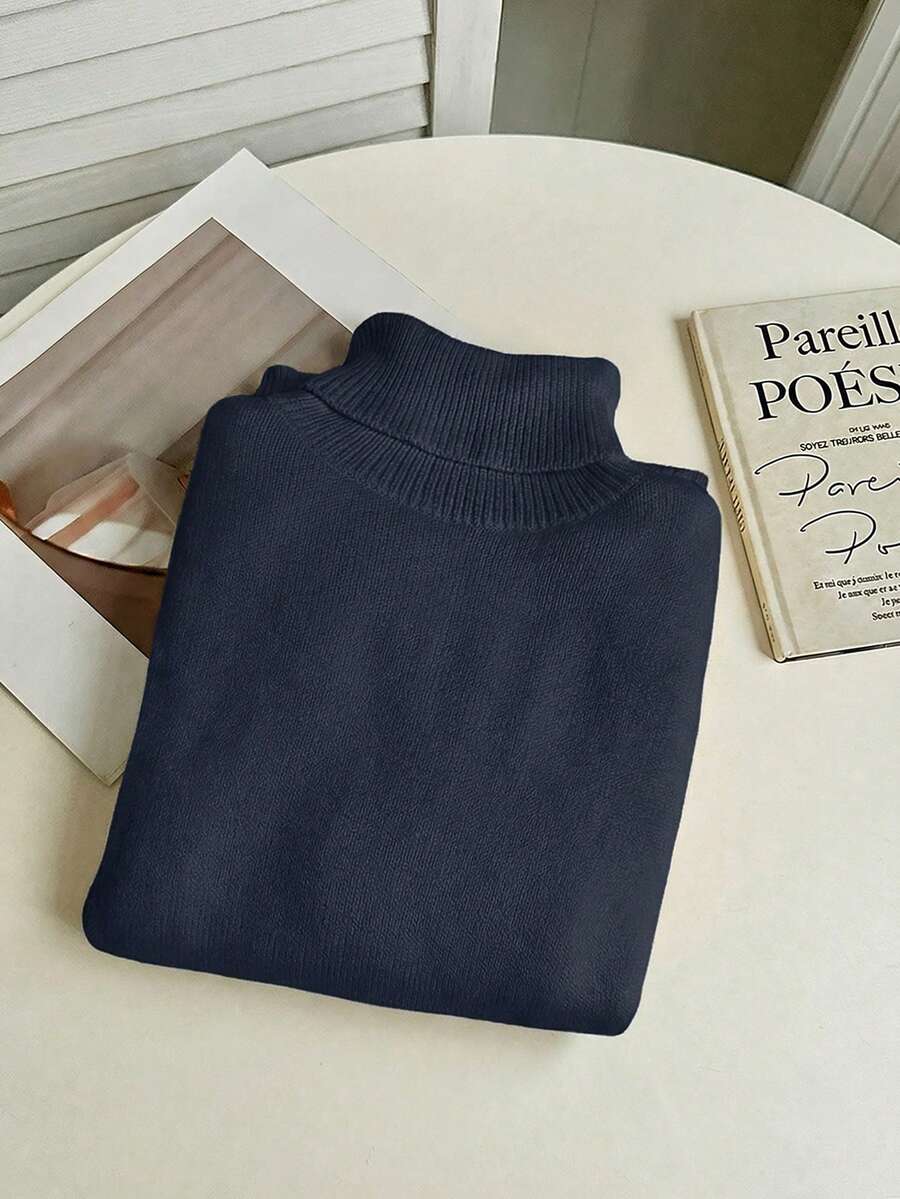 Rib Knit Turtleneck Sweater Long Sleeve Slim Fit - Navy - photo 3