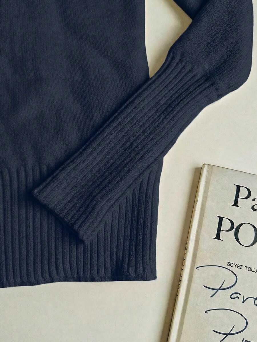 Rib Knit Turtleneck Sweater Long Sleeve Slim Fit - Navy - photo 4