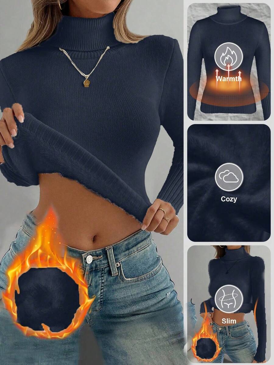 Rib Knit Turtleneck Sweater Long Sleeve Slim Fit - Navy - photo 5