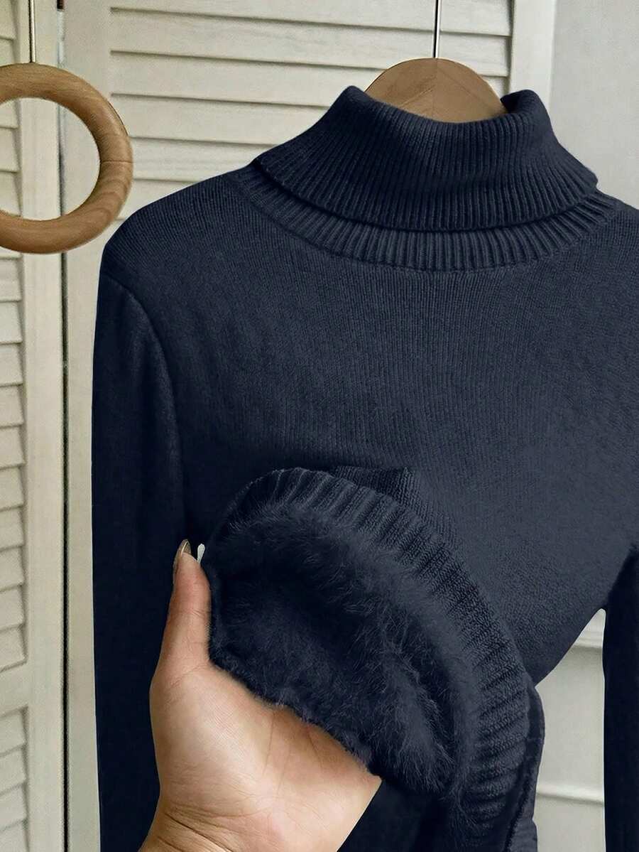 Rib Knit Turtleneck Sweater Long Sleeve Slim Fit - Navy - photo 6