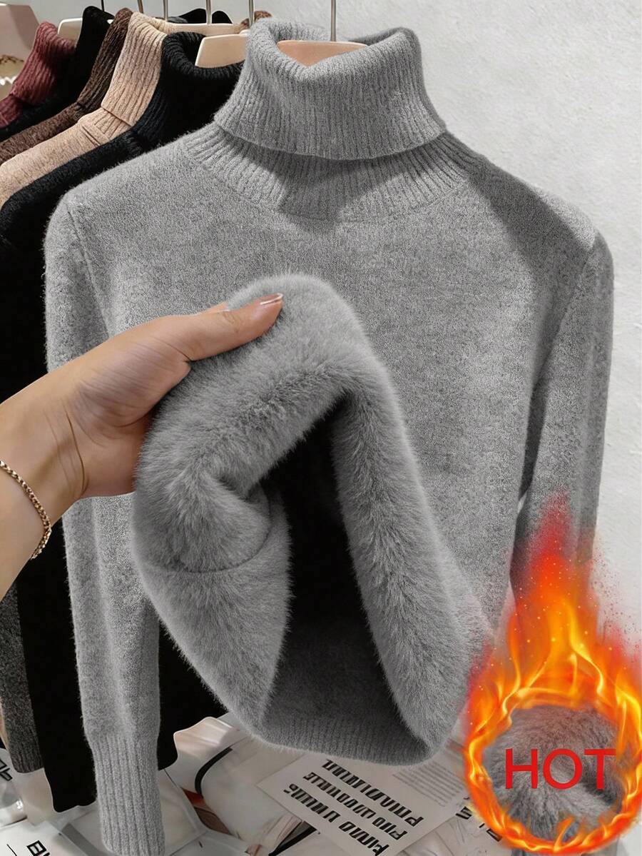 Women's Turtleneck Sweater Long Sleeve Rib Knit Slim Fit - Light Gray