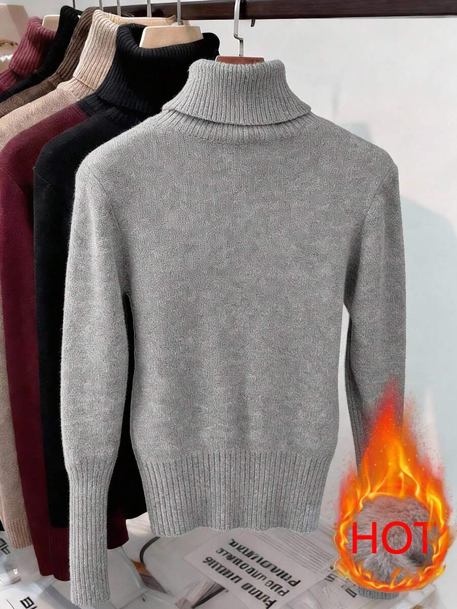 Women's Turtleneck Sweater Long Sleeve Rib Knit Slim Fit - Light Gray - photo 2
