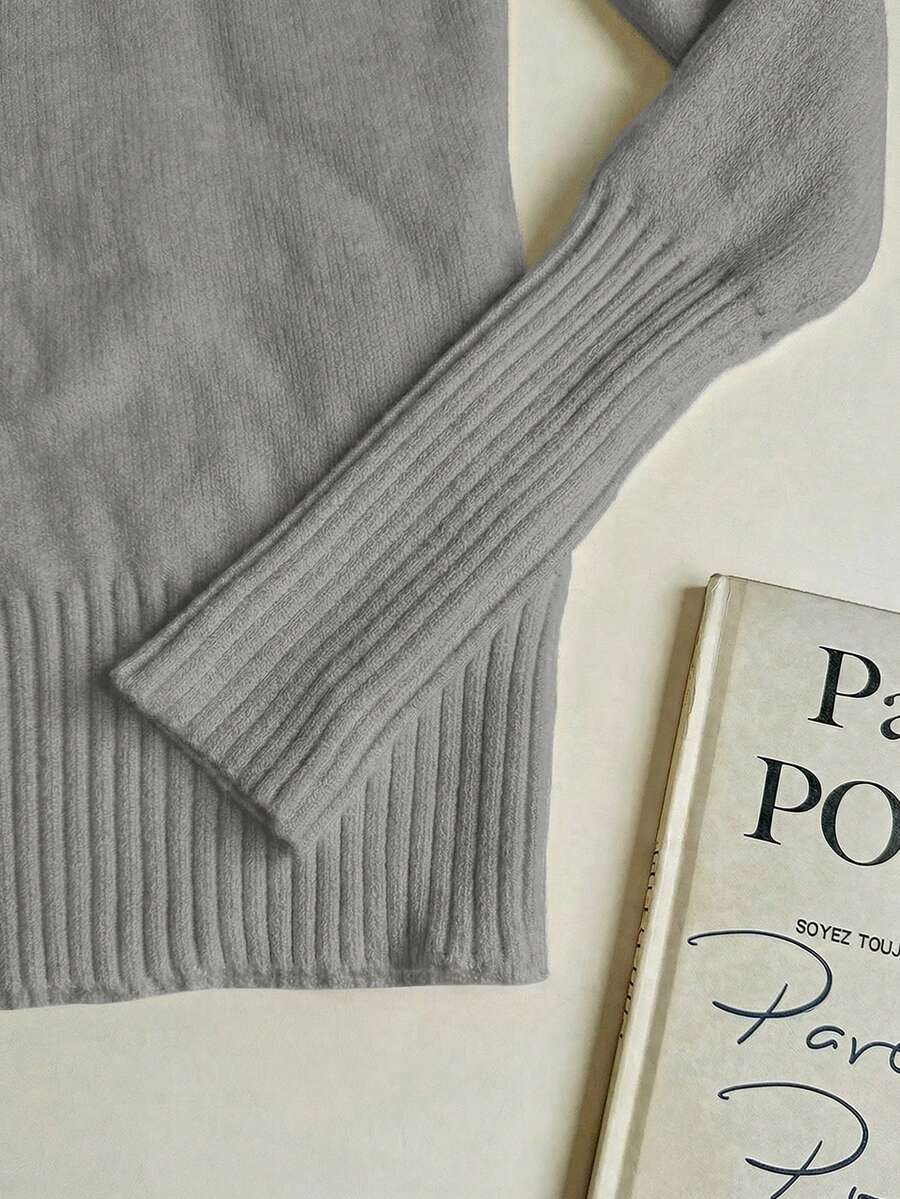 Women's Turtleneck Sweater Long Sleeve Rib Knit Slim Fit - Light Gray - photo 3