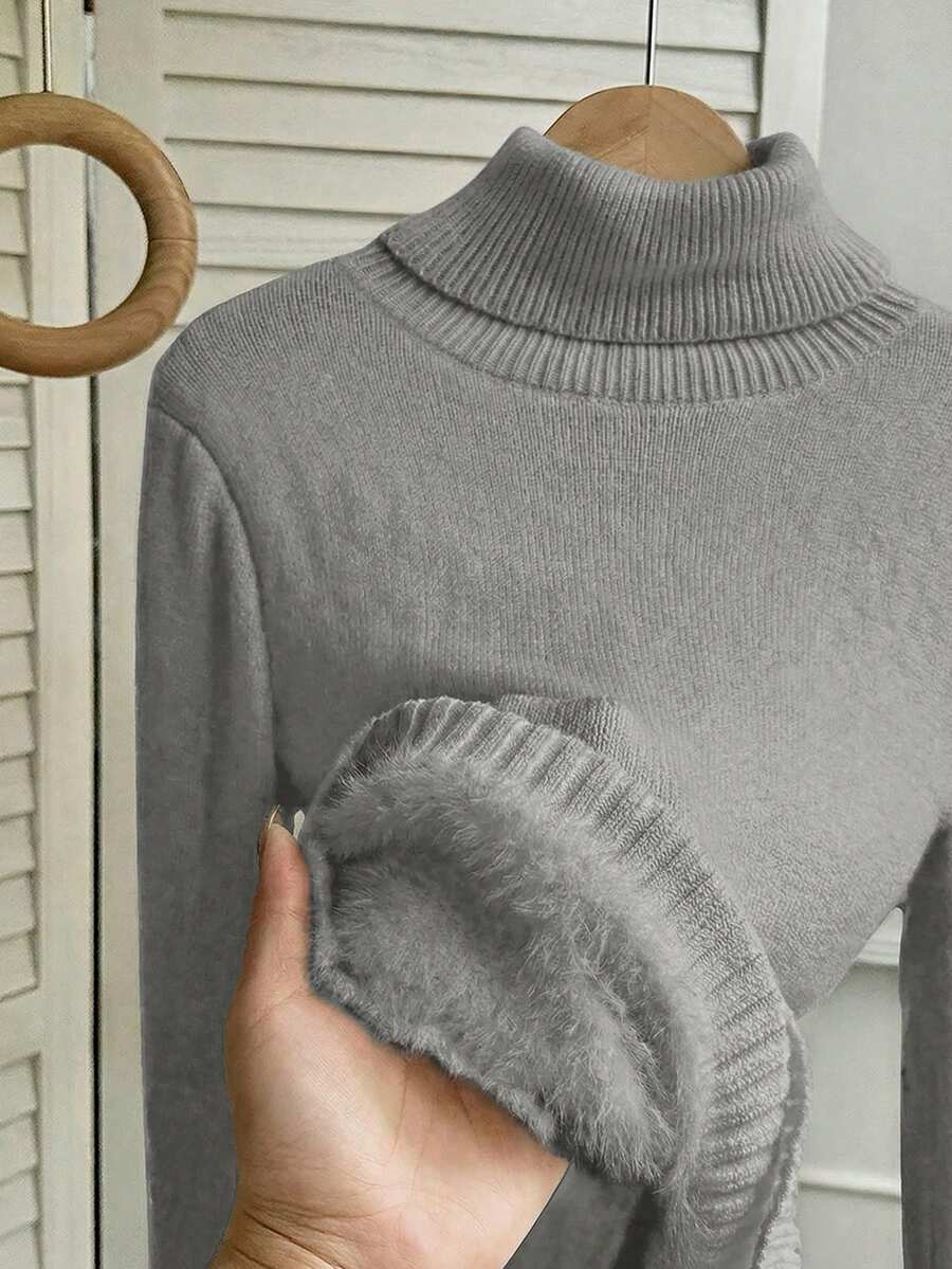 Women's Turtleneck Sweater Long Sleeve Rib Knit Slim Fit - Light Gray - photo 4