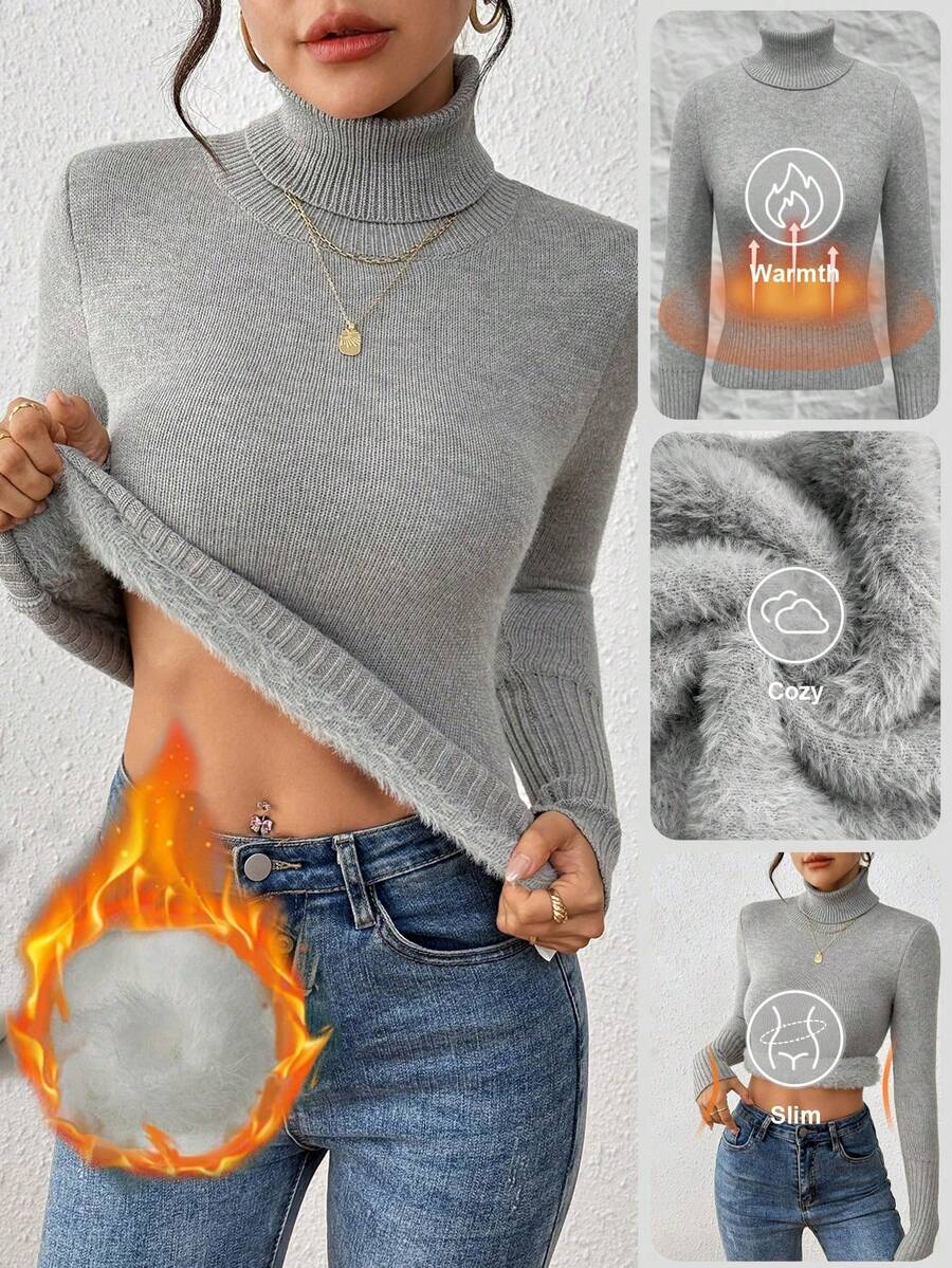 Women's Turtleneck Sweater Long Sleeve Rib Knit Slim Fit - Light Gray - photo 5