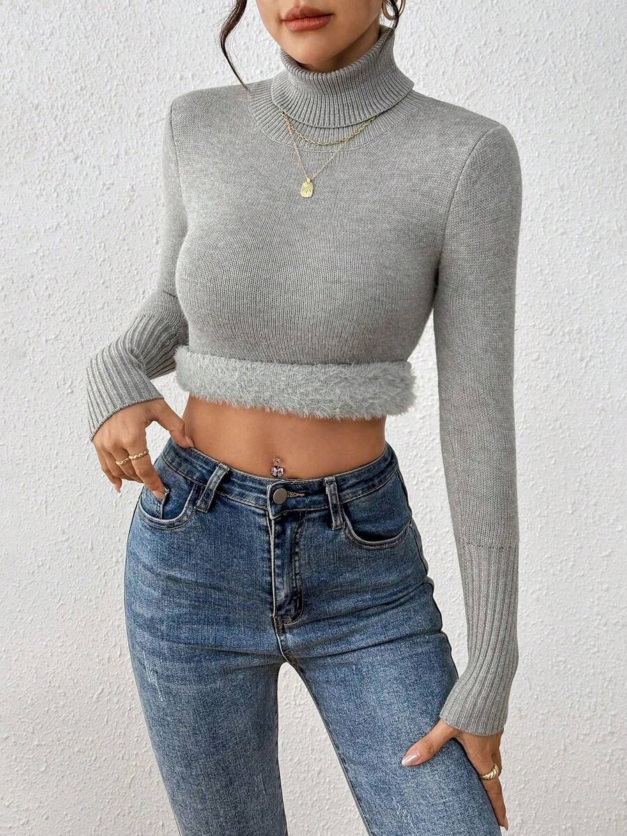 Women's Turtleneck Sweater Long Sleeve Rib Knit Slim Fit - Light Gray - photo 6
