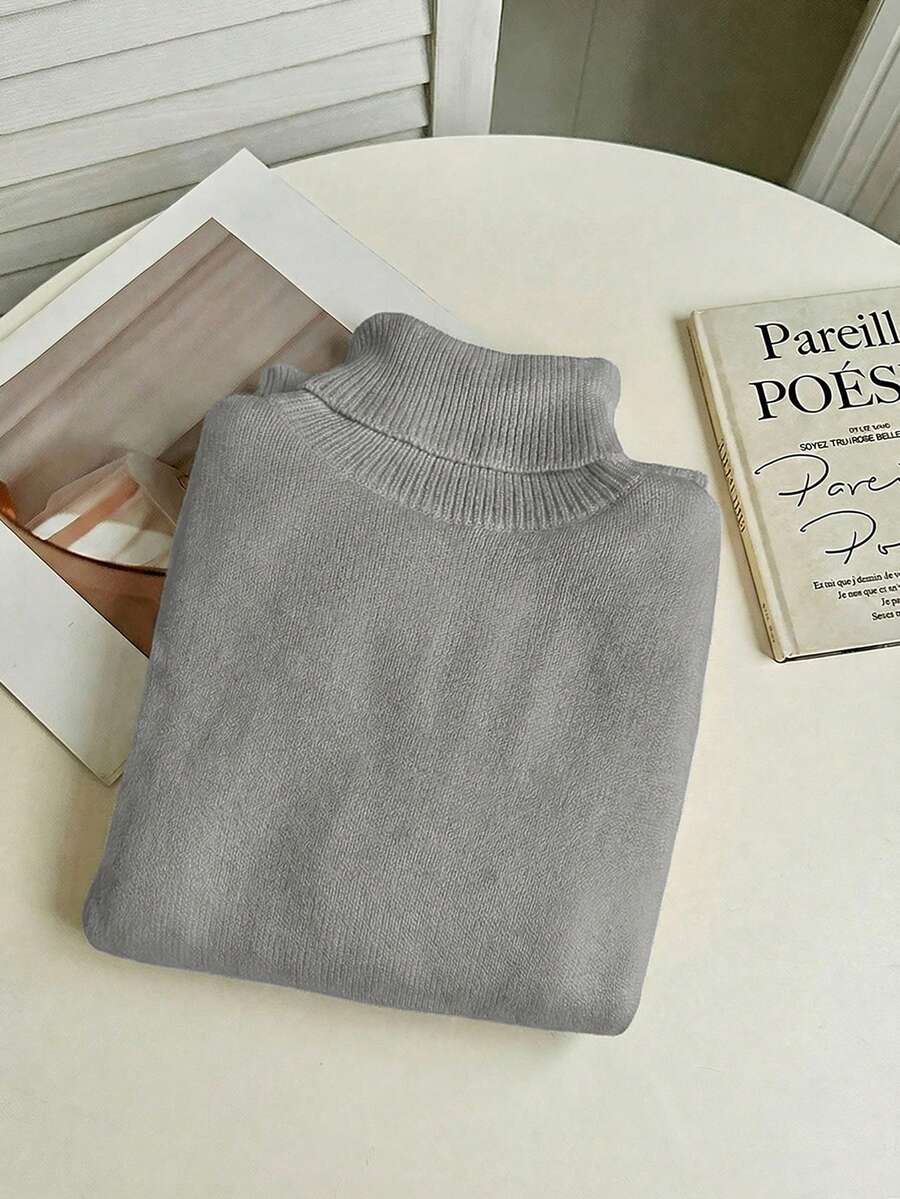 Women's Turtleneck Sweater Long Sleeve Rib Knit Slim Fit - Light Gray - photo 7