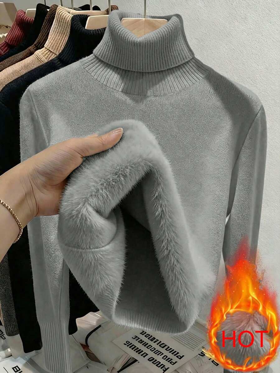 Women's Turtleneck Sweater Long Sleeve Rib Knit Slim Fit - Gray