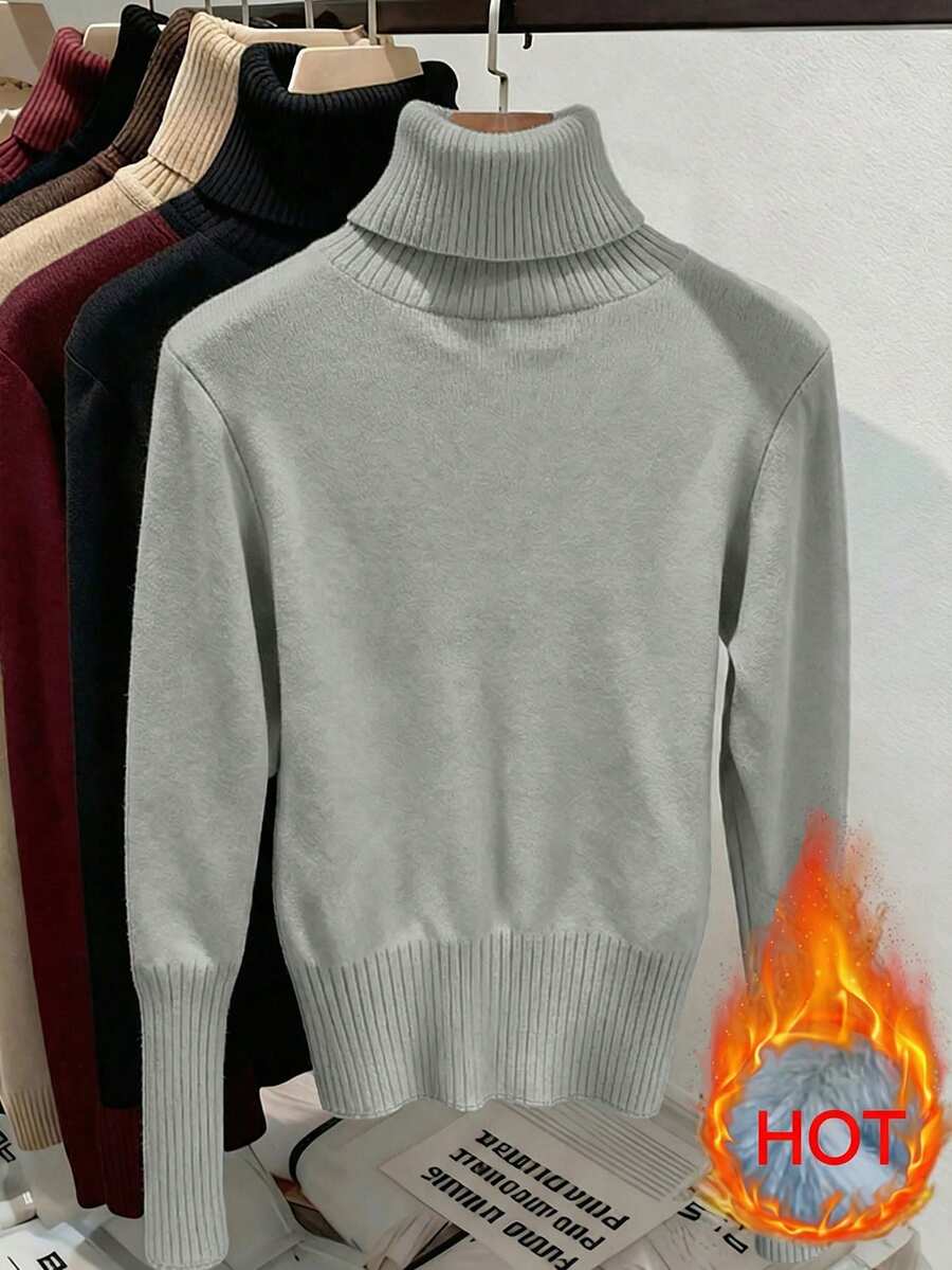 Women's Turtleneck Sweater Long Sleeve Rib Knit Slim Fit - Gray - photo 2