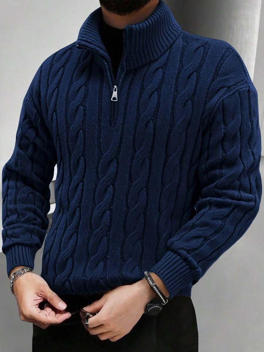 Men's Half Zip Cable Knit Sweater Long Sleeve - Navy
