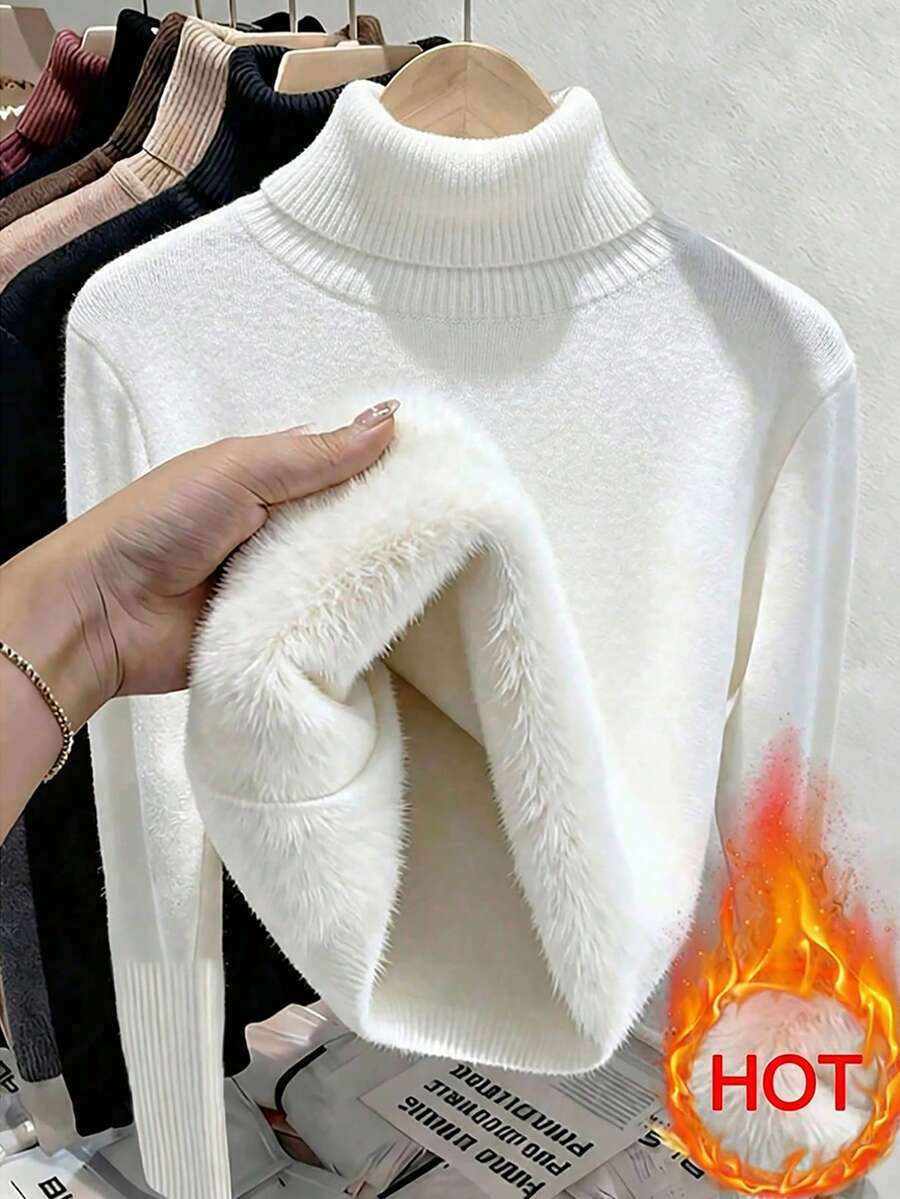 Women's Turtleneck Sweater Long Sleeve Rib Knit Slim Fit - White