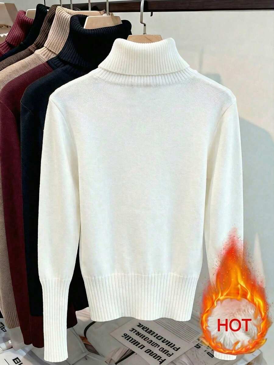 Women's Turtleneck Sweater Long Sleeve Rib Knit Slim Fit - White - photo 2
