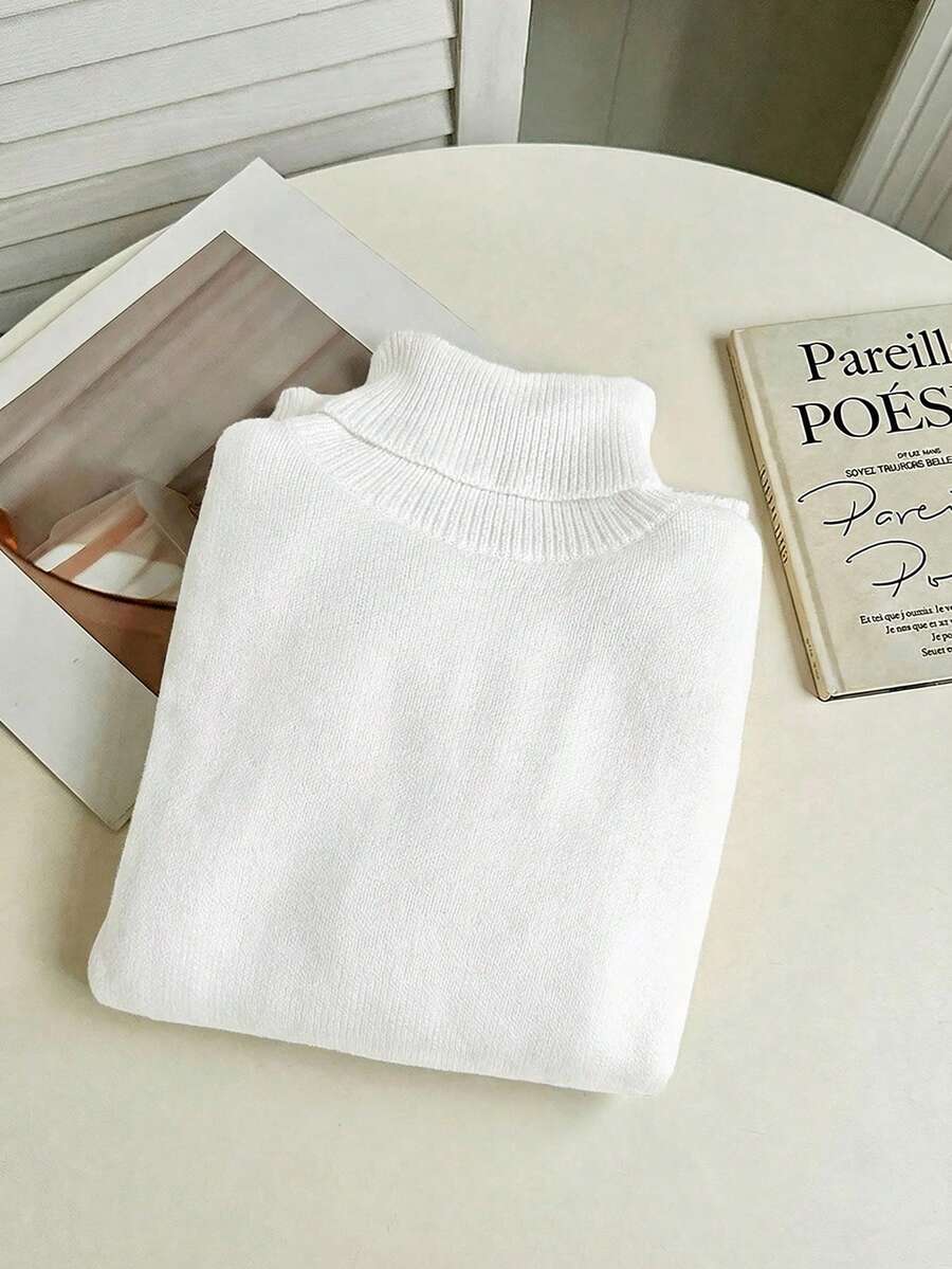 Women's Turtleneck Sweater Long Sleeve Rib Knit Slim Fit - White - photo 4