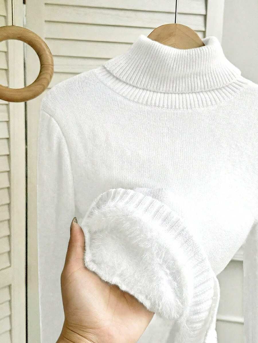 Women's Turtleneck Sweater Long Sleeve Rib Knit Slim Fit - White - photo 5