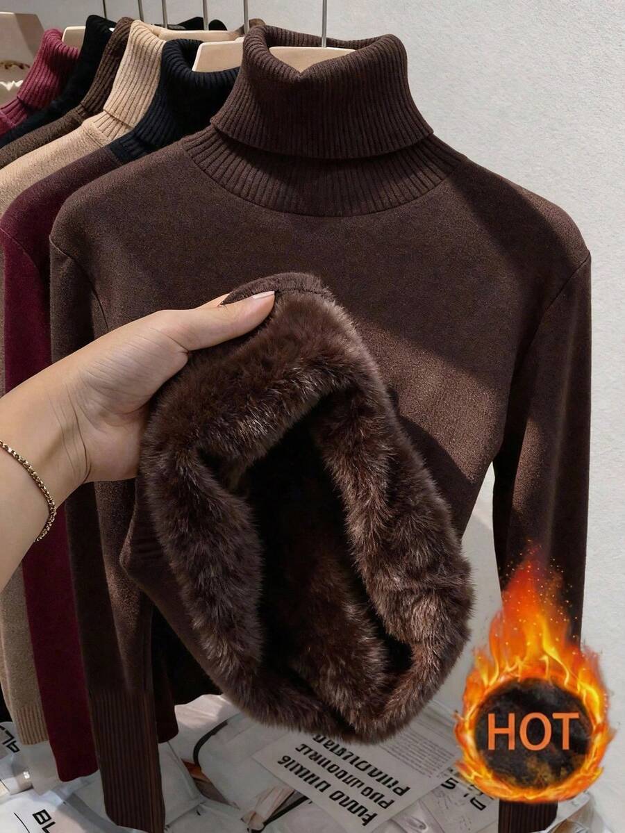 Rib Knit Turtleneck Sweater Long Sleeve Slim Fit - Coffee