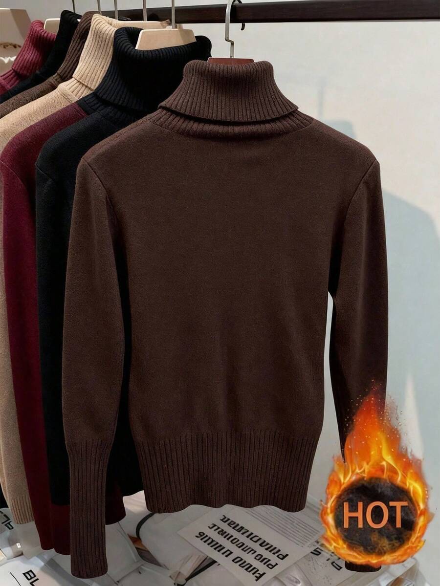 Rib Knit Turtleneck Sweater Long Sleeve Slim Fit - Coffee - photo 2