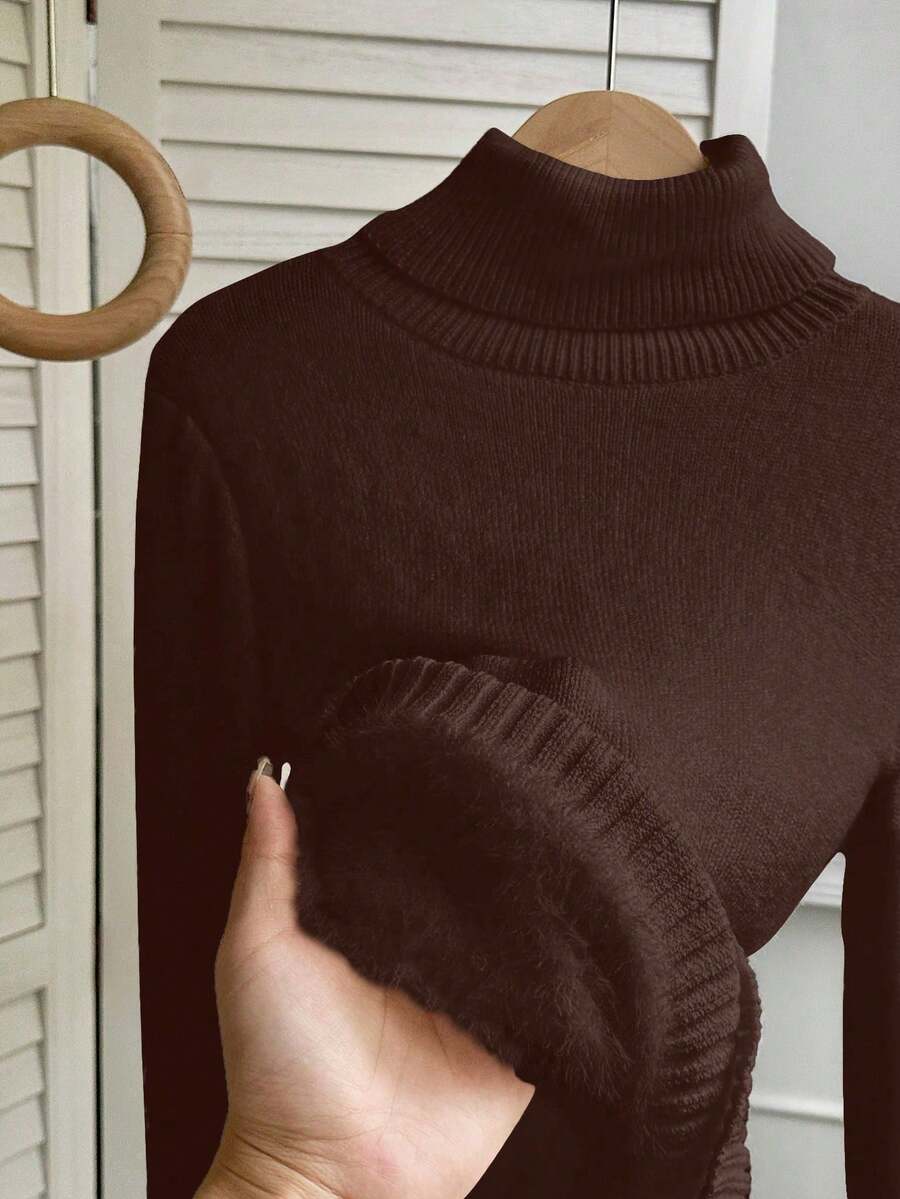 Rib Knit Turtleneck Sweater Long Sleeve Slim Fit - Coffee - photo 3