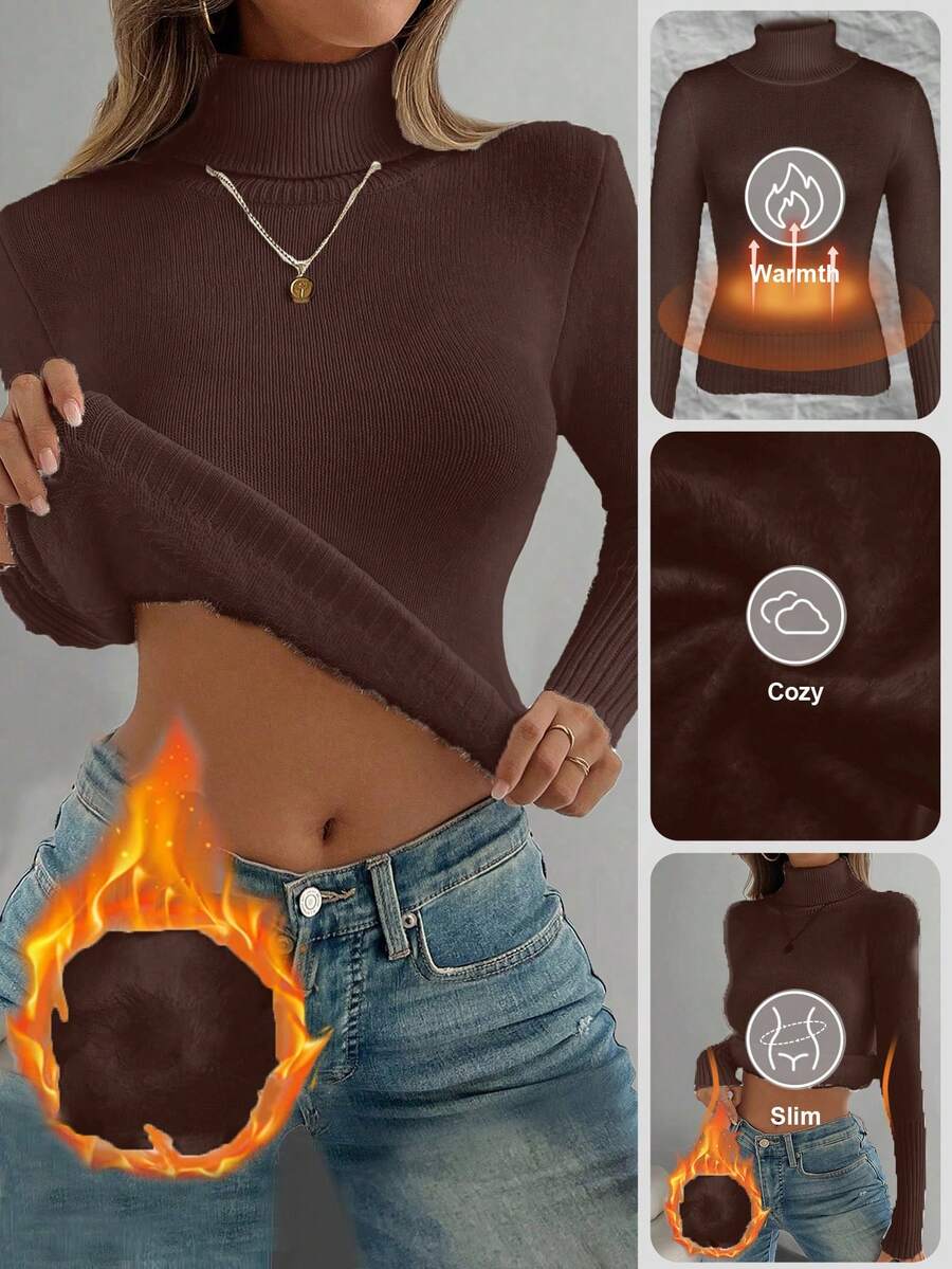 Rib Knit Turtleneck Sweater Long Sleeve Slim Fit - Coffee - photo 4