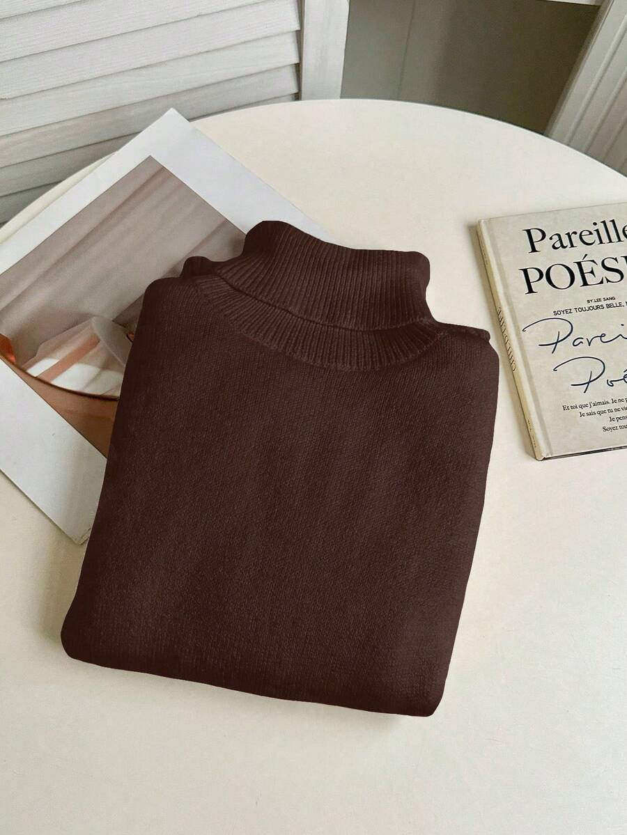 Rib Knit Turtleneck Sweater Long Sleeve Slim Fit - Coffee - photo 5