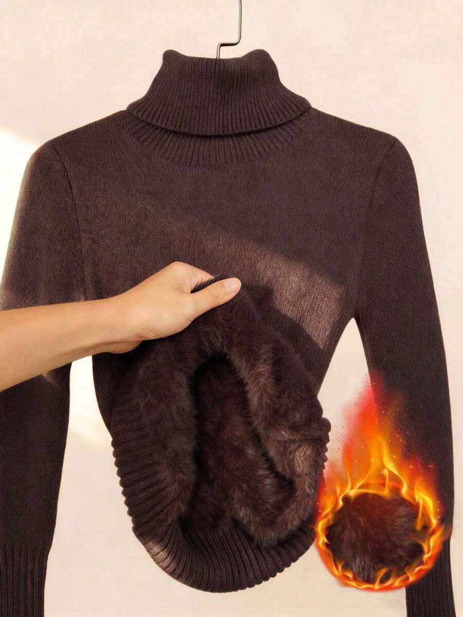 Rib Knit Turtleneck Sweater Long Sleeve Slim Fit - Coffee - photo 6