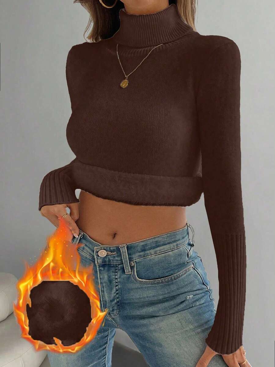 Rib Knit Turtleneck Sweater Long Sleeve Slim Fit - Coffee - photo 7