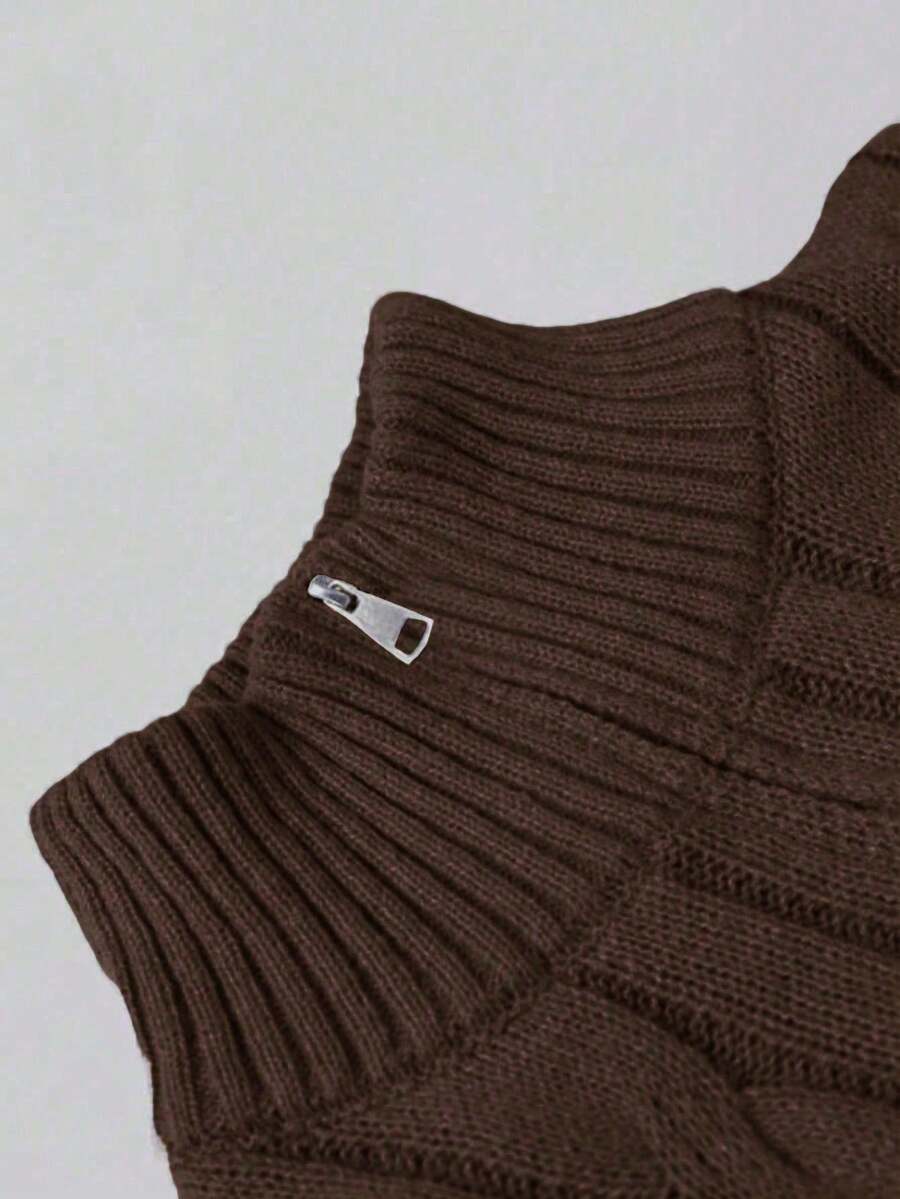 Men's Half Zip Cable Knit Sweater Long Sleeve - Brown - photo 4