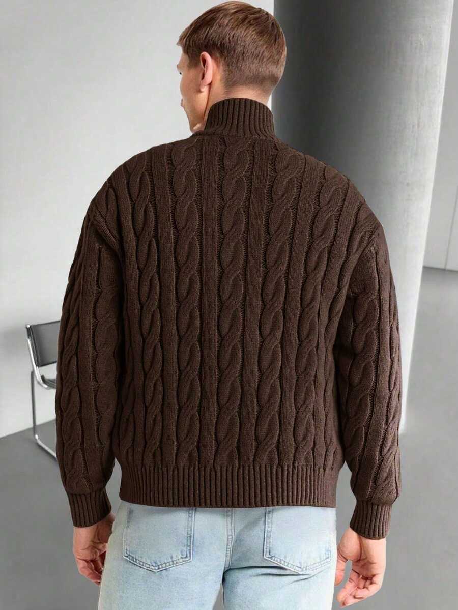 Men's Half Zip Cable Knit Sweater Long Sleeve - Brown - photo 2
