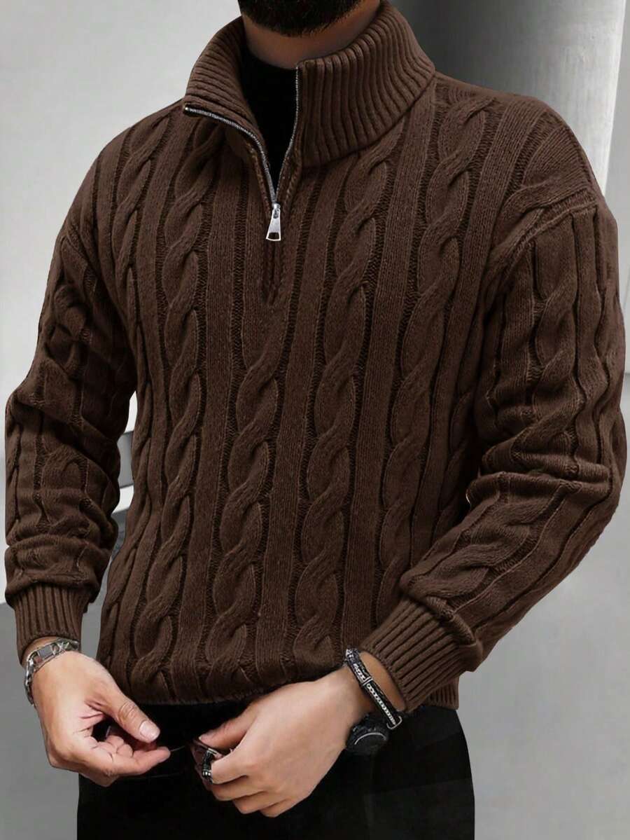Men's Half Zip Cable Knit Sweater Long Sleeve - Brown