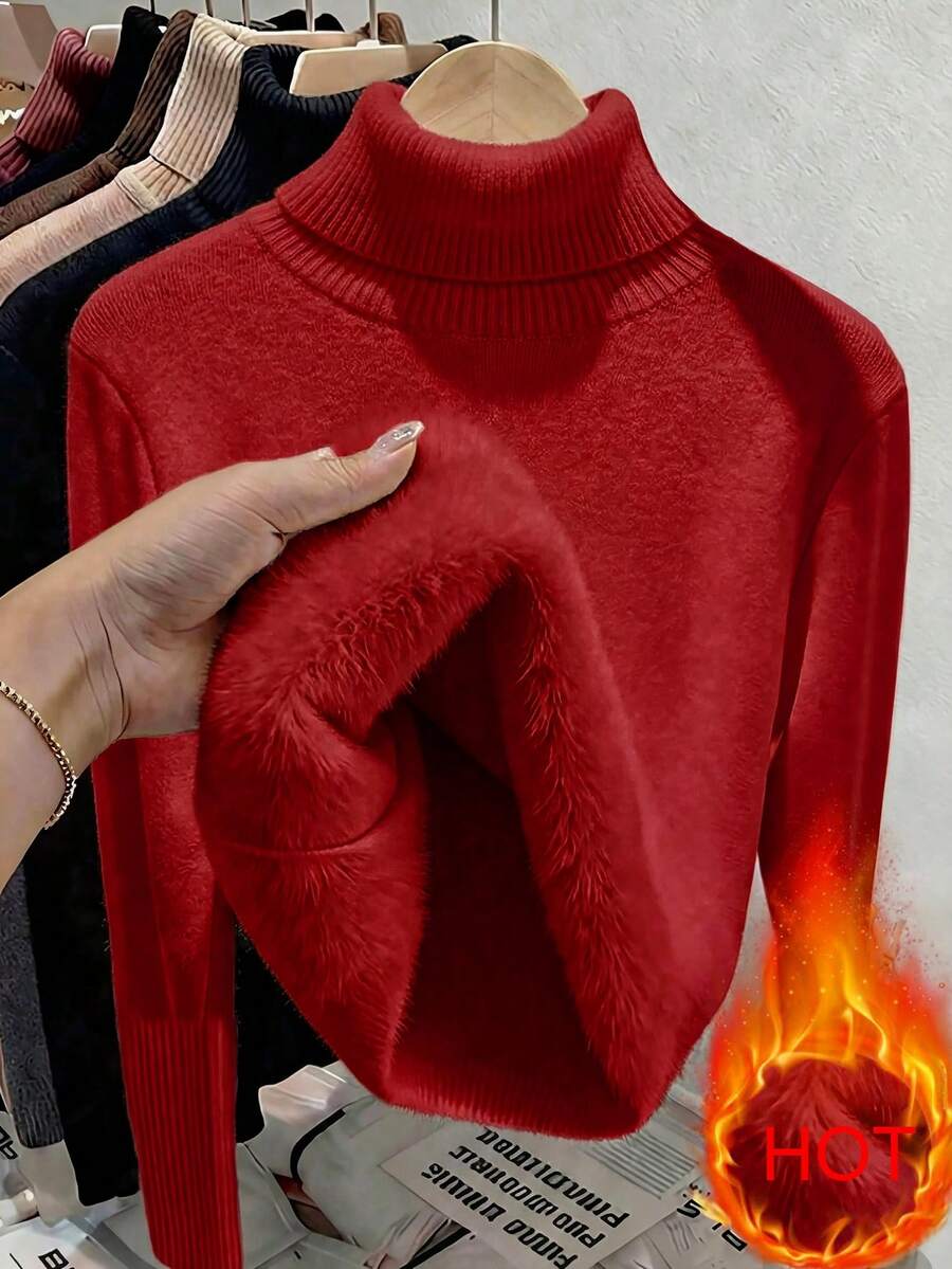 Women's Turtleneck Sweater Long Sleeve Rib Knit Slim Fit - Red