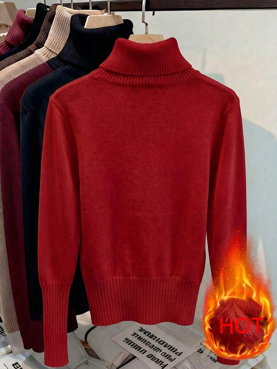 Women's Turtleneck Sweater Long Sleeve Rib Knit Slim Fit - Red - photo 2