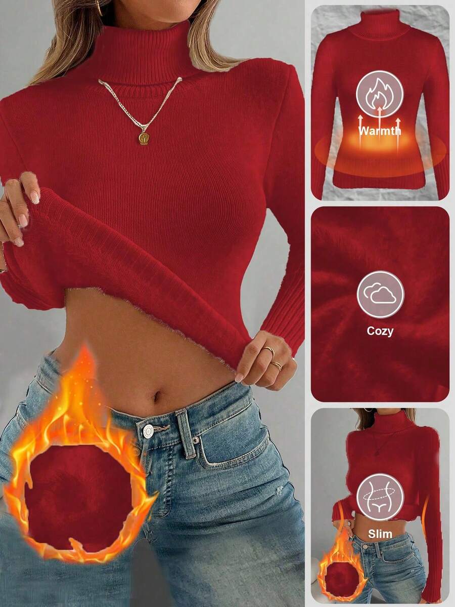 Women's Turtleneck Sweater Long Sleeve Rib Knit Slim Fit - Red - photo 3
