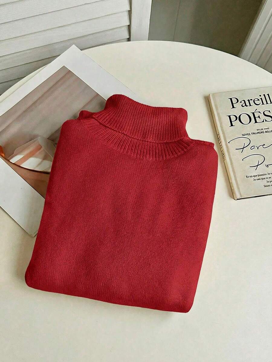 Women's Turtleneck Sweater Long Sleeve Rib Knit Slim Fit - Red - photo 4