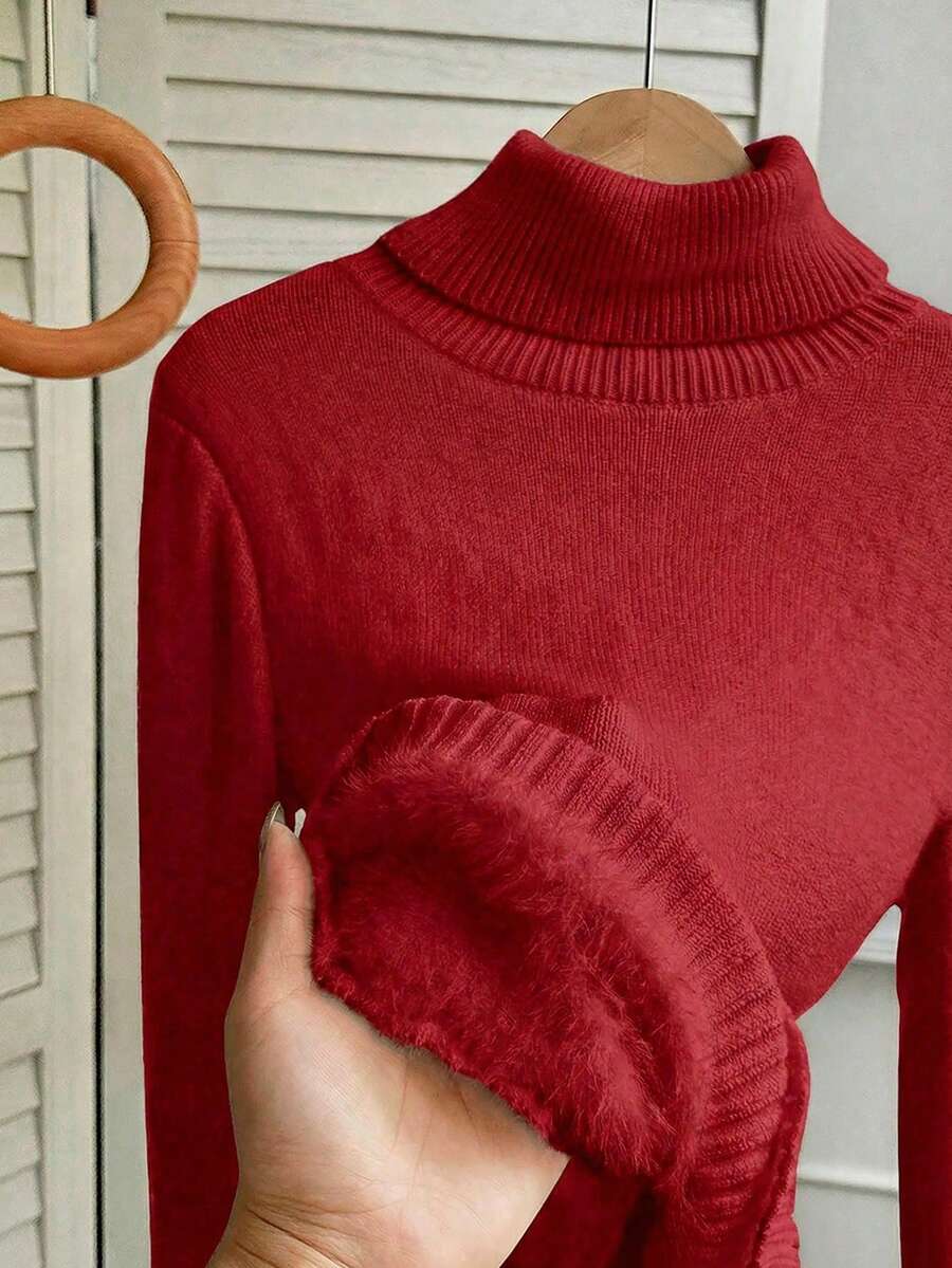 Women's Turtleneck Sweater Long Sleeve Rib Knit Slim Fit - Red - photo 6