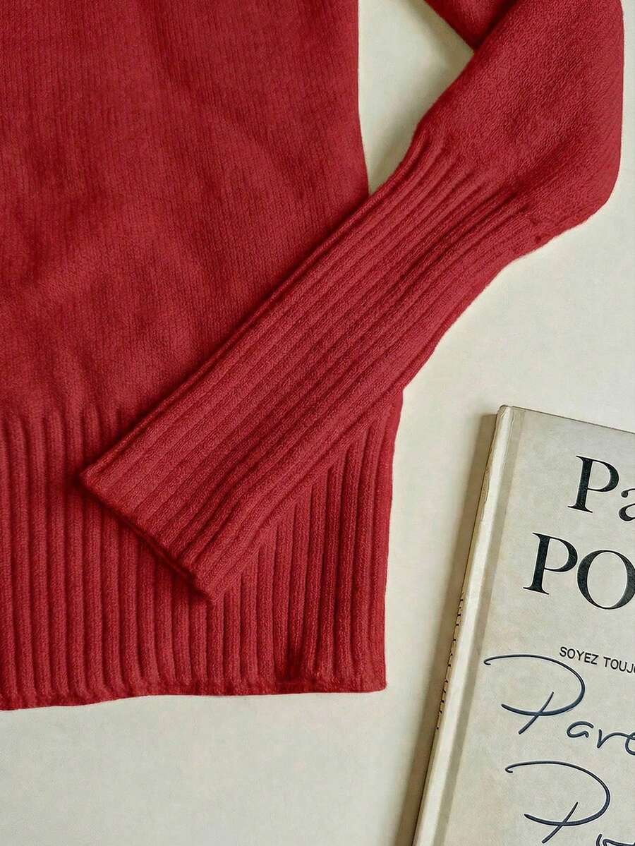 Women's Turtleneck Sweater Long Sleeve Rib Knit Slim Fit - Red - photo 8